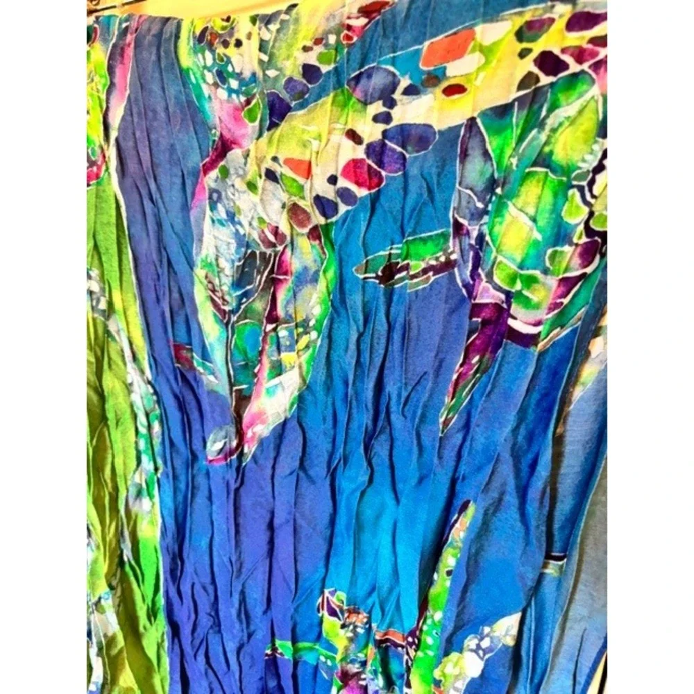 Life's A Blast Silk Blend Sea Turtle Scarf Blue Green Crinkle Frayed Wrap